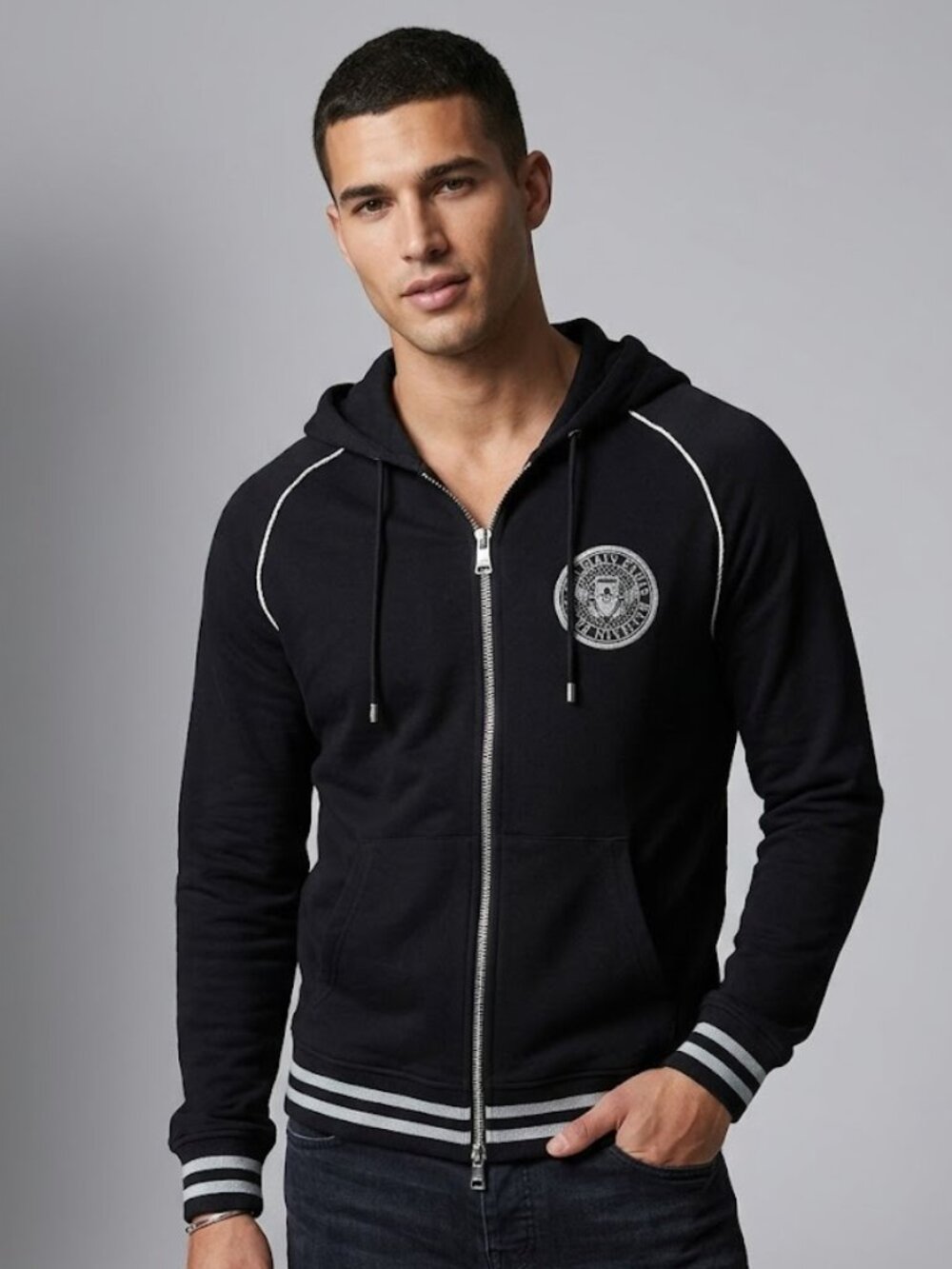 Balmain EUC Double-zip Black Hoodie with White and Silver Trim and Logo